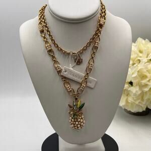 Ann Taylor Pearl Cluster Pineapple Green Rhinestone Gold Tone Long Necklace New